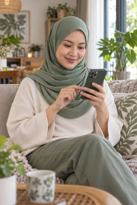Ilustrasi wanita dewasa Malaysia menggunakan telefon di rumah
